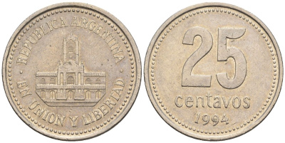 Аргентина 25 сентаво 1994 ратуша Буэнос-Айреса KM 110a, CJ 4.3.1, Schon 111a медно-никель    60-424