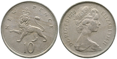 Великобритания 10 пенсов 1976 Елизавета II (1952-2022) KM 912, Spink 4231 (F1) медно-никель  4383-731