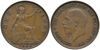 Великобритания 1 пенни 1936 Георг V (1910-1936) KM 838, Spink 4055 бронза 32-846