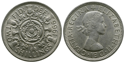 Великобритания 2 шиллинга (флорин) 1966 Елизавета II (1952-2022) KM 906, Spink 4146 медно-никель 4382-613