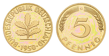 ФРГ 5 пфеннигов 1950 G, тираж 1.800 экземпляров KM 107, J. 382 сталь плакированная латунью PROOF 11-132-44