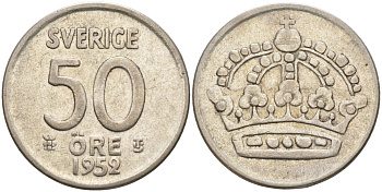 Швеция 50 эре 1952 TS, Густав VI Адольф (1950-1973) KM 825 серебро 4148-914