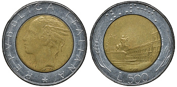 ИТАЛИЯ 500 ЛИР 1987 KM 111 биметалл 72-952