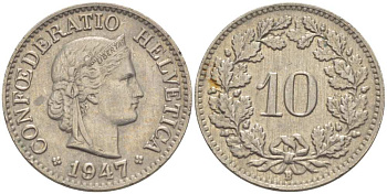 ШВЕЙЦАРИЯ 10 РАППЕНОВ 1947 В KM 27 медно-никель 39-465