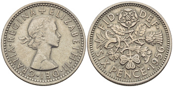 Великобритания 6 пенсов 1956 Елизавета II (1952-2022) KM 903, Spink 4149 медно-никель 66-454