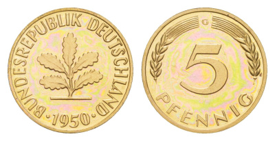 ФРГ 5 пфеннигов 1950 G, тираж 1.800 экземпляров KM 107, J. 382 сталь плакированная латунью PROOF 11-132-44