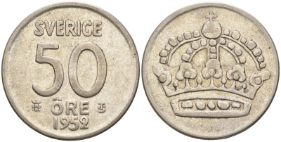 Швеция 50 эре 1952 TS, Густав VI Адольф (1950-1973) KM 825 серебро 4148-914