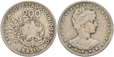 Бразилия 200 рейс 1901 голова свободы вправо KM 504 медно-никель 4589-1053