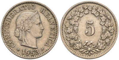 ШВЕЙЦАРИЯ 5 РАППЕНОВ 1953 B KM 26 медно-никель 188-361