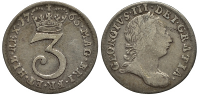 Великобритания 3 пенса 1763 Георг III (1760-1820) KM 591, Spink 3753 серебро 1524-234