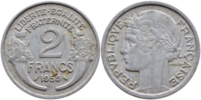 ФРАНЦИЯ 2 ФРАНКА 1959 KM 886a.1, LE FRANC 269.19 алюминий 4397-757