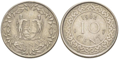 Суринам 10 центов 1962 KM 13 медно-никель 100-141