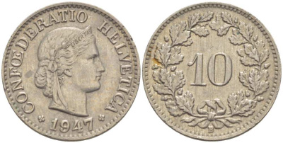 ШВЕЙЦАРИЯ 10 РАППЕНОВ 1947 В KM 27 медно-никель 39-465