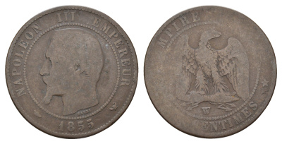 Франция 10 сантимов 1855 W, Наполеон III (1852-1870) KM 771.7, Le Franc 133.30 бронза 35-1135