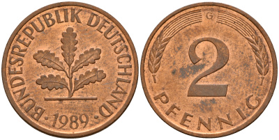ФРГ 2 пфеннига 1989 G J.381a, KM 106a сталь плакированная медью    4598-924