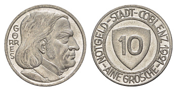 Кобленц 10 пфеннигов 1921 Funck 80.5, Men05 4526.11, Men18 5727.11 железо плакированная никелем UNC 4586-211