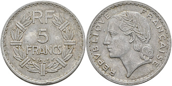 Франция 5 франков 1945 KM 888b.1, Le Franc 339.3 алюминий 4144-426
