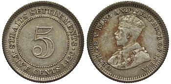 Стрейтс-Сетлментс 5 центов 1926 Георг V (1910-1936) КМ 36 серебро 53-544