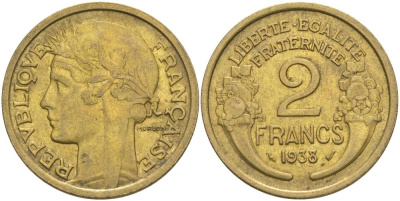ФРАНЦИЯ 2 ФРАНКА 1938 ТИП MORLON KM 886, LE FRANC 268.11 алюминиевая бронза 3855-122