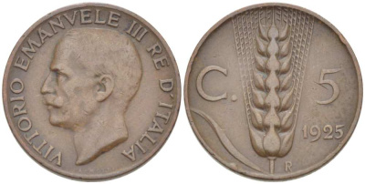 ИТАЛИЯ 5 ЧЕНТЕЗИМО 1925 R, КОЛОС, ВИКТОР ИММАНУИЛ III (1900-1946) KM 59 медь 210-1253