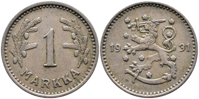 ФИНЛЯНДИЯ 1 МАРКА 1931 S KM 30 медно-никель 4388-1011
