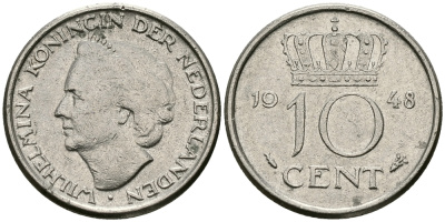 Нидерланды 10 центов 1948 Вильгельмина (1895-1948) KM 177 никель 96-537