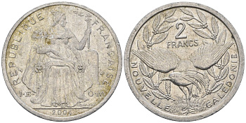 Французская Новая Каледония 2 франка 2004 птица кагу, (IEOM) KM 14, Schoen 11, Lec 68i алюминий    25-1717