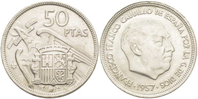 ИСПАНИЯ 50 ПЕСЕТ 1957 (59) ФРАНСИСКО ФРАНКО ДИКТАТОР ИСПАНИИ (1939-1975) KM 788 медно-никель UNC 4517-234