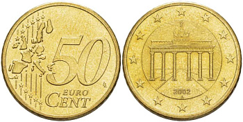 ГЕРМАНИЯ 50 ЕВРОЦЕНТОВ 2002 А KM 212 латунь UNC 210-545