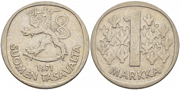ФИНЛЯНДИЯ 1 МАРКА 1971 S KM 49а медно-никель 3718-716