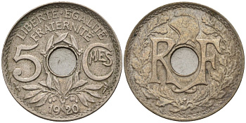 Франция 5 сантимов 1920 KM 865 медно-никель 4596-447