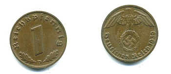 ГЕРМАНИЯ 1 РЕЙХСПФЕННИГ 1939 D J 361, KM 89 бронза 46-2428