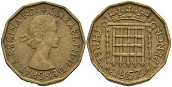 Великобритания 3 пенса 1967 Елизавета II (1952-2022) KM 900, Spink 4153 никель латунь 4146-355