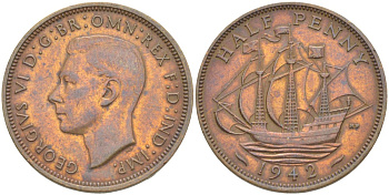 Великобритания 1/2 пенни 1942 Георг VI (1936-1952) KM 844, Spink 4115 бронза 4538-817