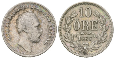 Швеция 10 эре 1867 ST, Карл XV (1859-1872) KM 710 серебро 4611-353