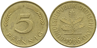 ФРГ 5 ПФЕННИГОВ 1986 J KM 107, J. 382 сталь плакированная латунью 4392-1045