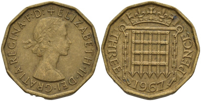 Великобритания 3 пенса 1967 Елизавета II (1952-2022) KM 900, Spink 4153 никель латунь 4146-355