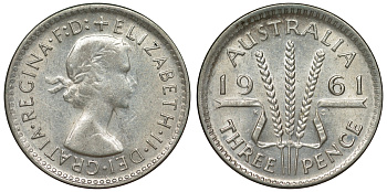 Австралия 3 пенса 1961 m, Елизавета II (1952-2022) KM 57 серебро 71-812