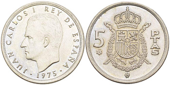 Испания 5 песет 1975 (76) Хуан Карлос I (1975-2014) KM 807 медно-никель 4523-912