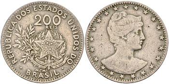 Бразилия 200 рейс 1901 голова свободы вправо KM 504 медно-никель 4589-1122