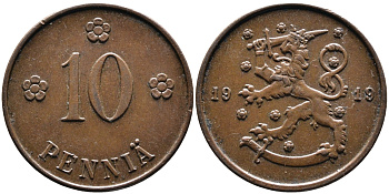 Финляндия 10 пенни 1919 KM 24 медь 4388-915
