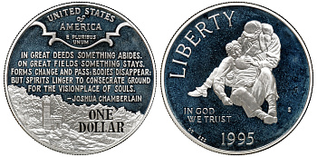 США 1 доллар 1995 S, гражданская война в США, в оригинальной коробке KM 255 серебро PROOF 00-00