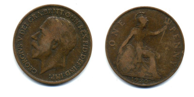 Великобритания 1 пенни 1920 Георг V (1910-1936) КМ 810, Spink 4051 бронза 47-424