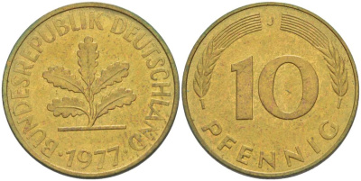 ФРГ 10 ПФЕННИГОВ 1977 J KM 108, J. 383 сталь плакированная латунью 219-516