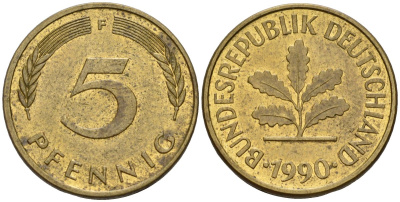 ФРГ 5 пфеннигов 1990 F KM 107, J.382 сталь плакированная латунью 4174-1111