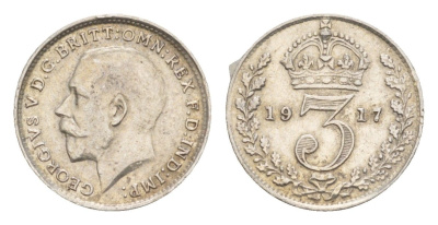 Великобритания 3 пенса 1917 Георг V (1910-1936) KM 813, Spink 4015 серебро 4658-756