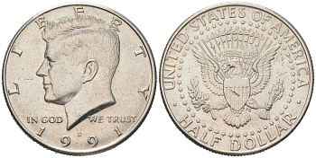 США 1/2 доллара (50 центов) 1991 D, Джон Кеннеди KM A202b медь плакированная медно-никелем 111-625