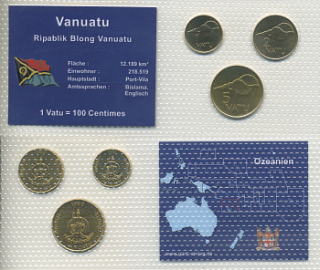 Вануату набор из 3 монет 1999-2002 1, 2, 5 вату, в запайке UNC 1-5-2-43