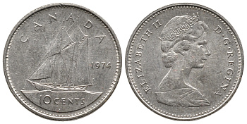 КАНАДА 10 ЦЕНТОВ 1974 ПАРУСНИК, ЕЛИЗАВЕТА II KM 77.1 никель 73-1729