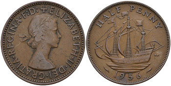 Великобритания 1/2 пенни 1956 Елизавета II (1952-2022) KM 896, Spink 4158 бронза 4153-837